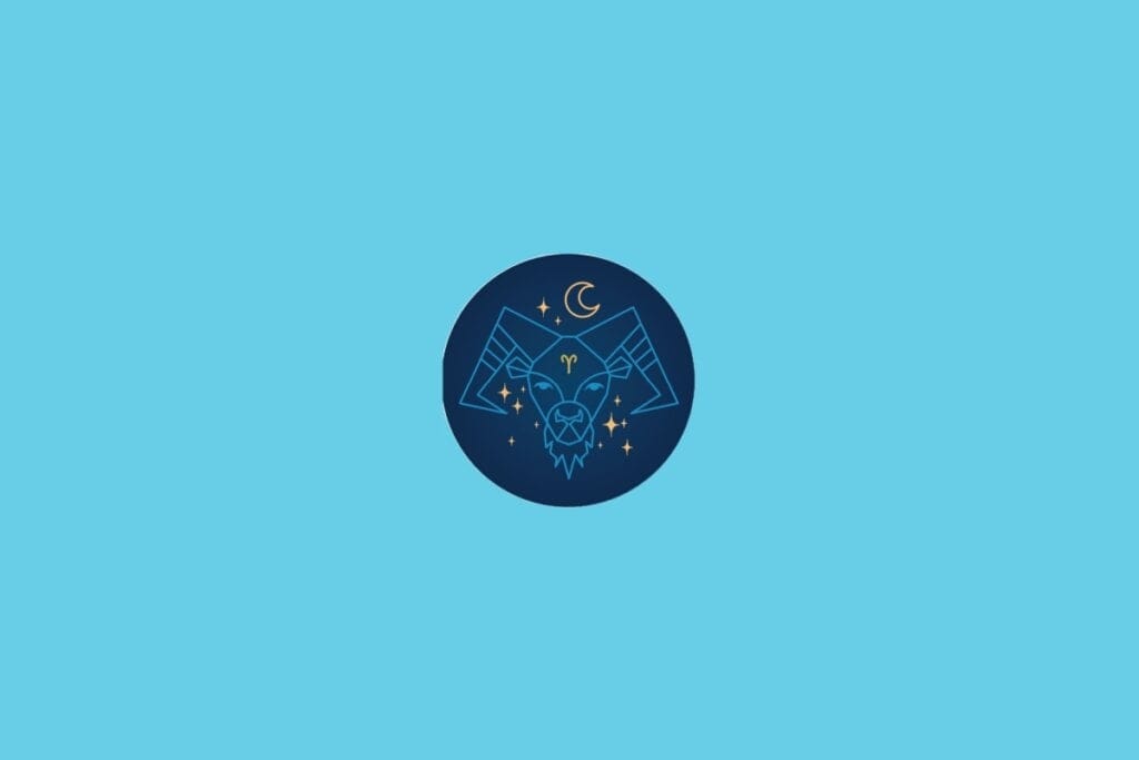 Ilustração do signo de Áries com a representação estilizada de um carneiro de chifres arqueados, envolto por estrelas douradas e elementos astrológicos