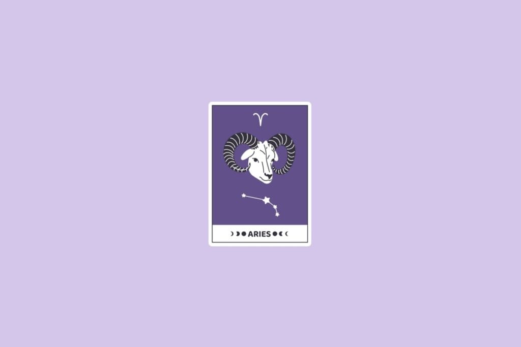 Ilustração do signo de Áries com um carneiro estilizado de chifres enrolados, destacando-se sobre um fundo roxo com a constelação de Áries na parte inferior