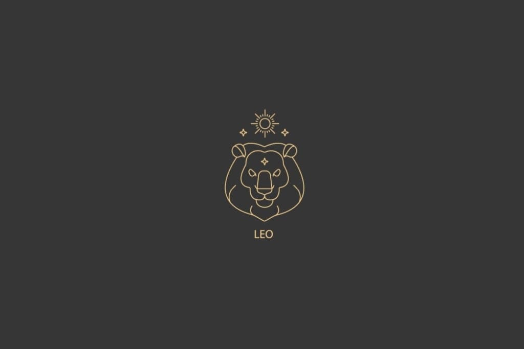 Ilustração do signo de Leão com a cabeça de um leão estilizada, destacada por um sol e estrelas ao fundo