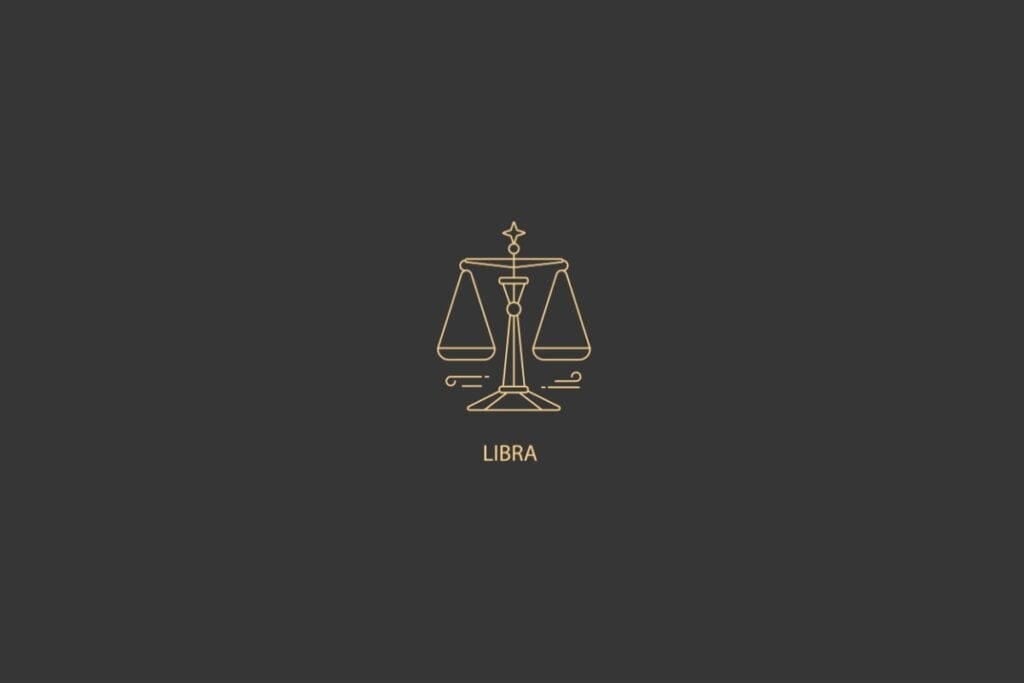 Ilustração do signo de Libra com uma balança estilizada, representando o equilíbrio, decorada com estrelas