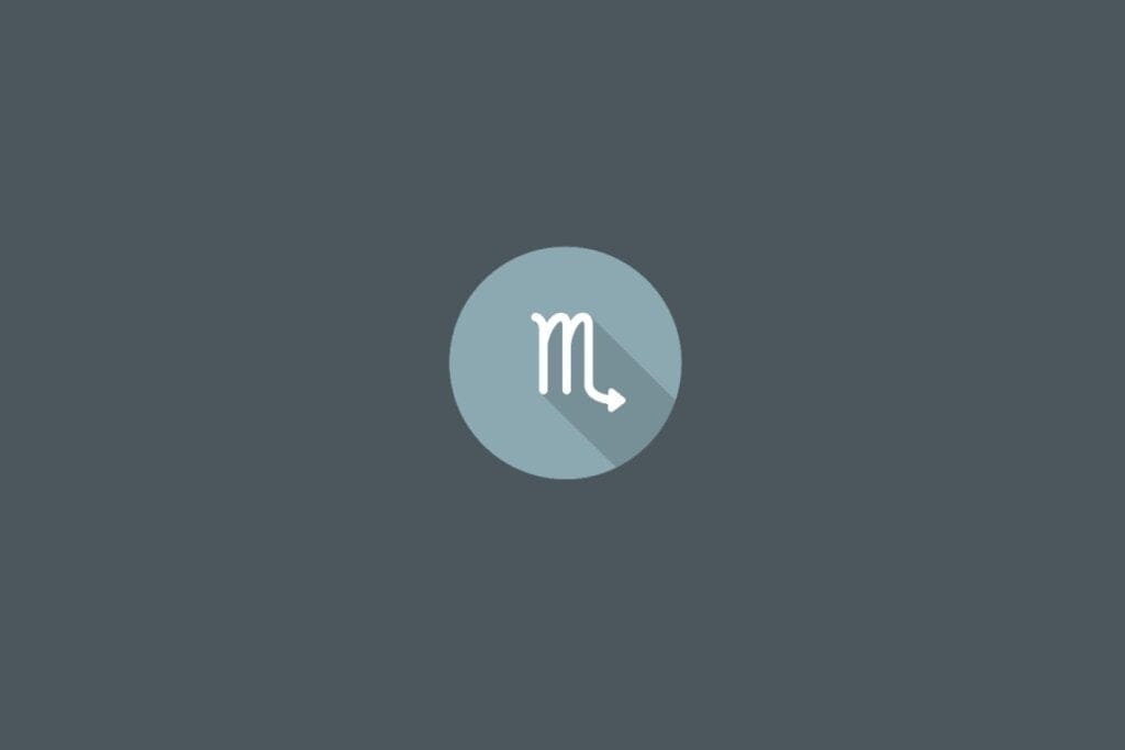 Ilustração do signo de Escorpião, com um “M” estilizado e uma seta em sua extremidade