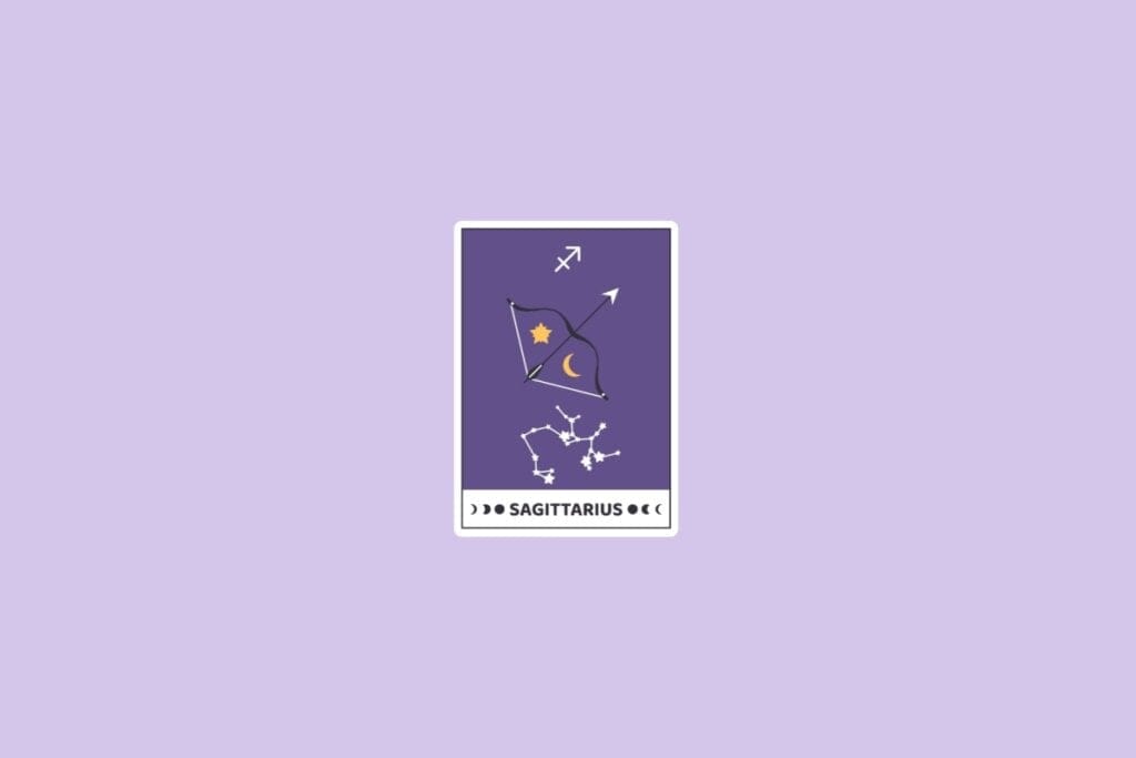 Ilustração do signo de Sagitário mostrando um arco e flecha com elementos de lua e estrela, tudo em um fundo roxo, acompanhado pela constelação correspondente