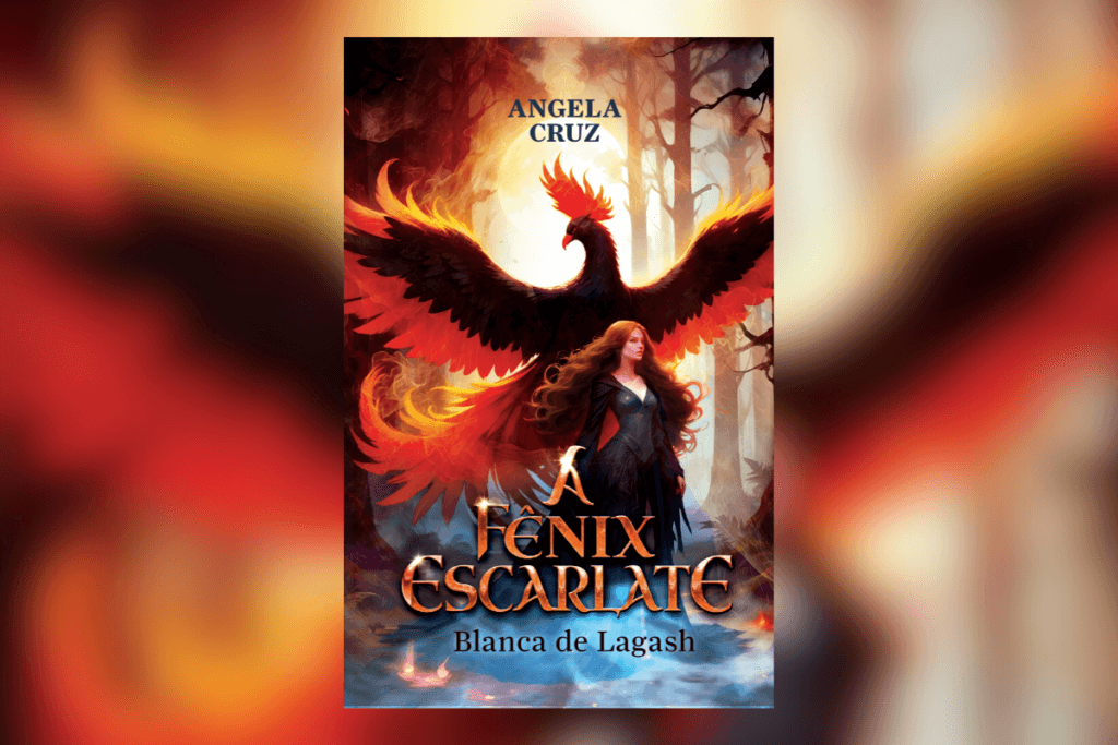 Capa de livro com ilustração de uma mulher com uma fênix atrás na floresta e o nome do livro e da autora