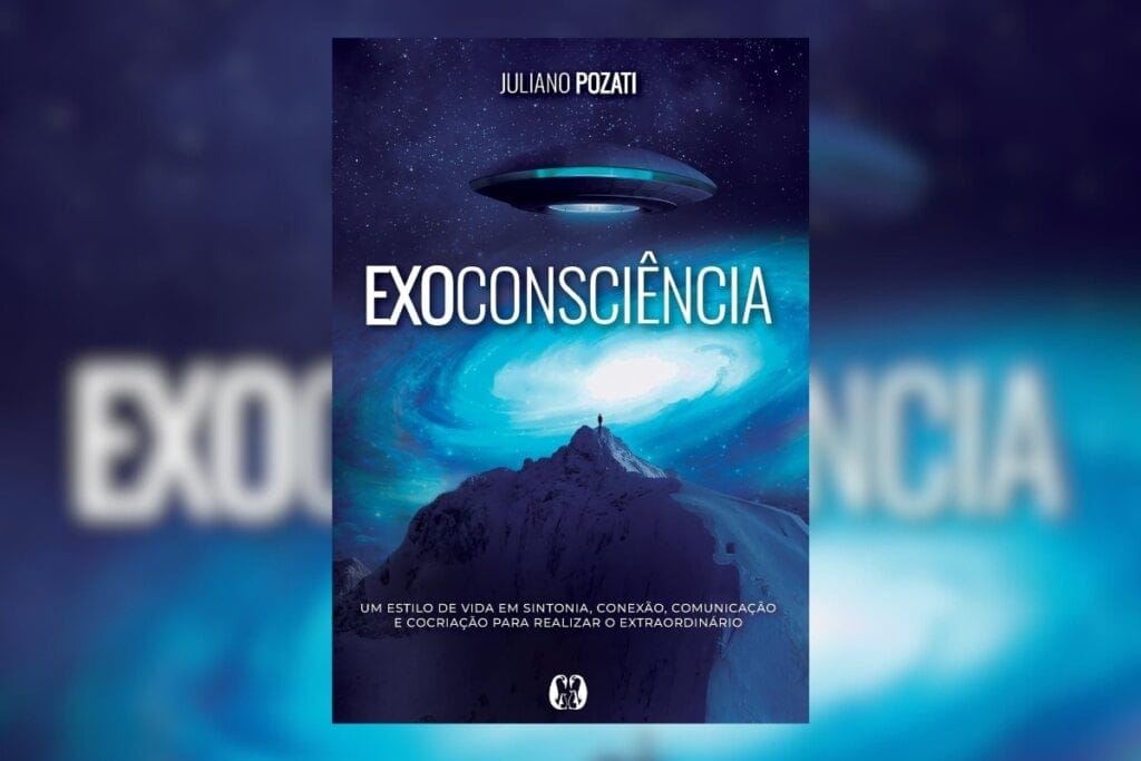 Capa do livro "Exoconsciência" com a ilustração de uma montanha iluminada por uma nave extraterrestre