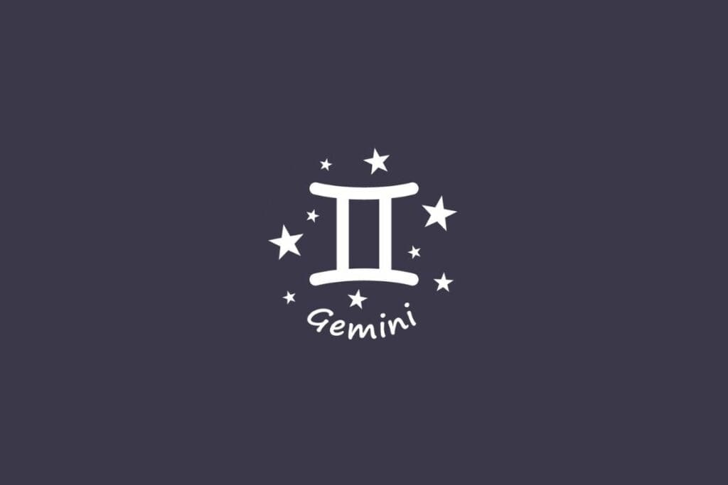 Ilustração do signo de Gêmeos em branco com estrelas em um fundo cinza