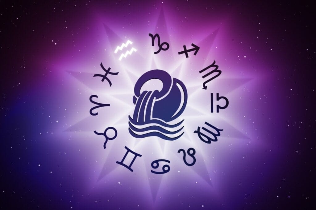 Ilustração do signo de Aquário em um círculo com os 12 signos do zodíaco e um fundo roxo
