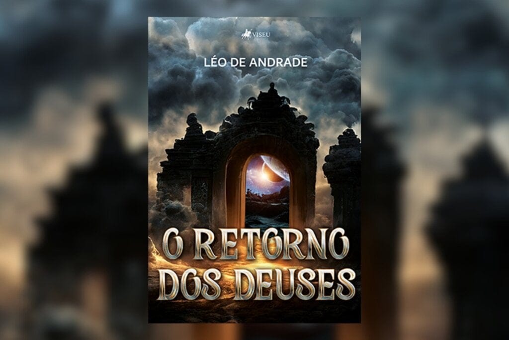 Capa do livro "O Retorno dos deuses" com a ilustração de uma torre em ruínas e um céu cinza