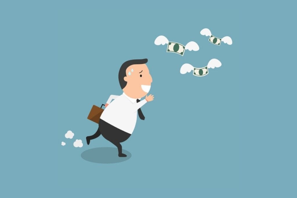 Ilustração de um homem correndo atrás de notas de dinheiro com asas