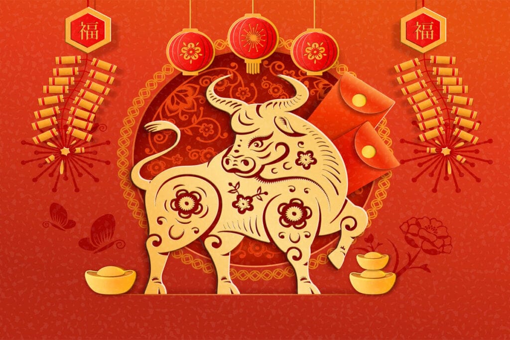 Ilustração do signo de Búfalo em dourado em um fundo vermelho