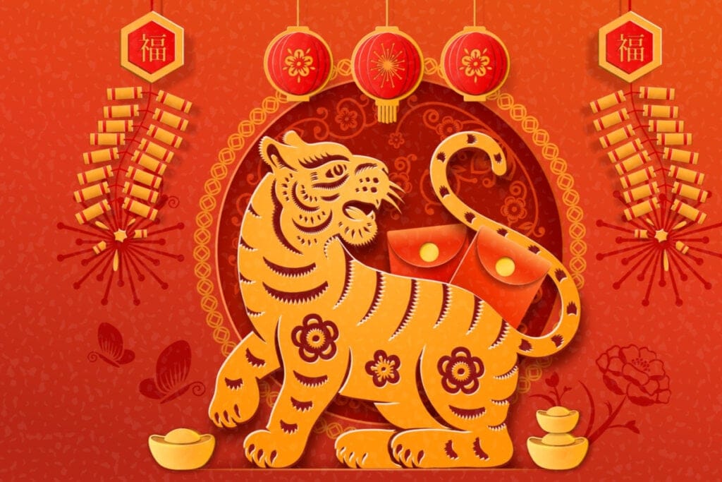 Ilustração de um tigre dourado em um fundo vermelho com detalhes dourado