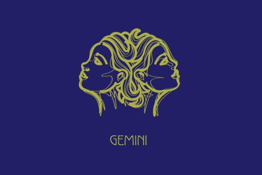 Ilustração, em fundo azul, do signo de Gêmeos