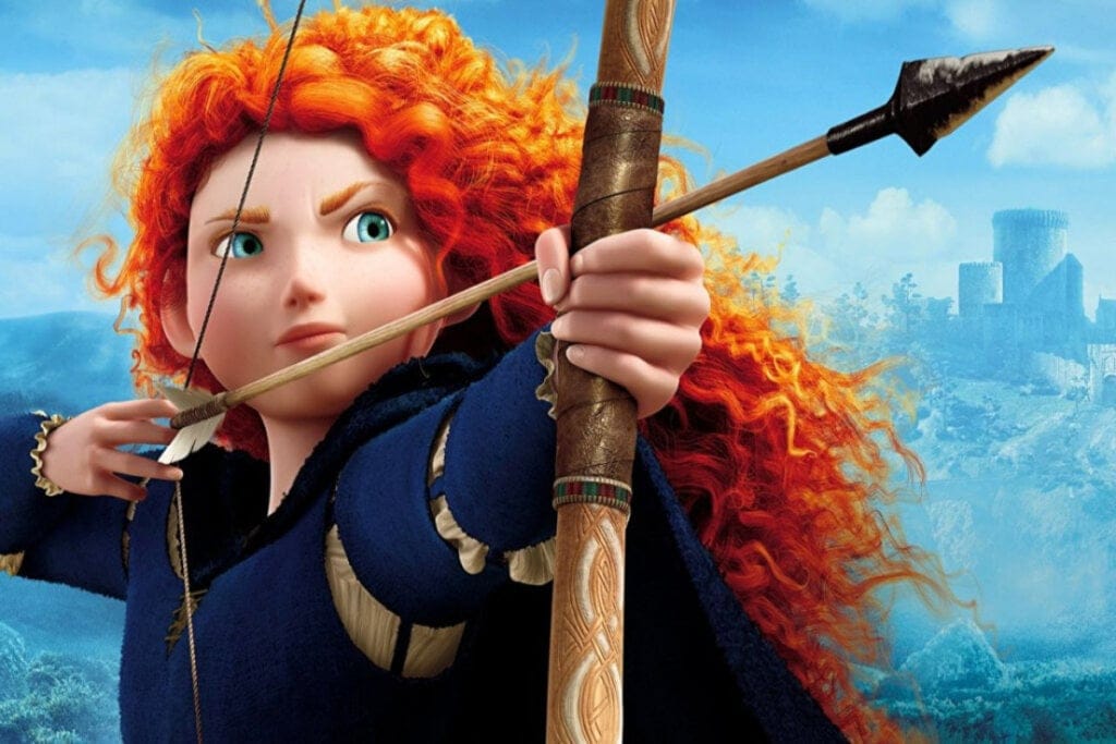 Imagem da protagonista do filme Valente com um arco e flecha na mão