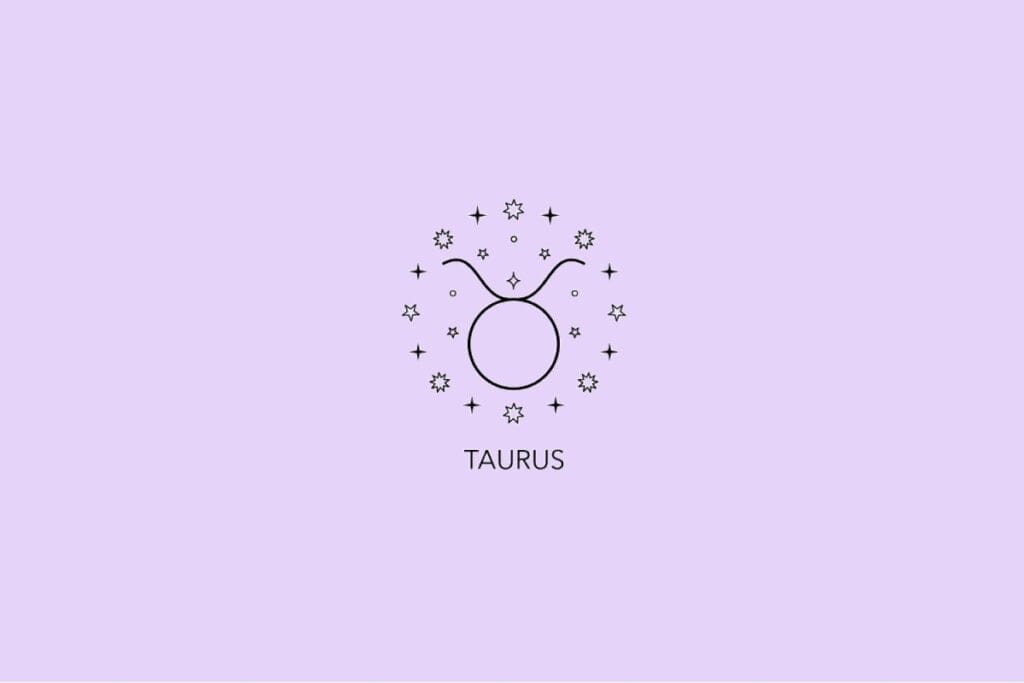 Imagem com fundo lilás apresentando o símbolo astrológico do signo de Touro rodeado por pequenas estrelas