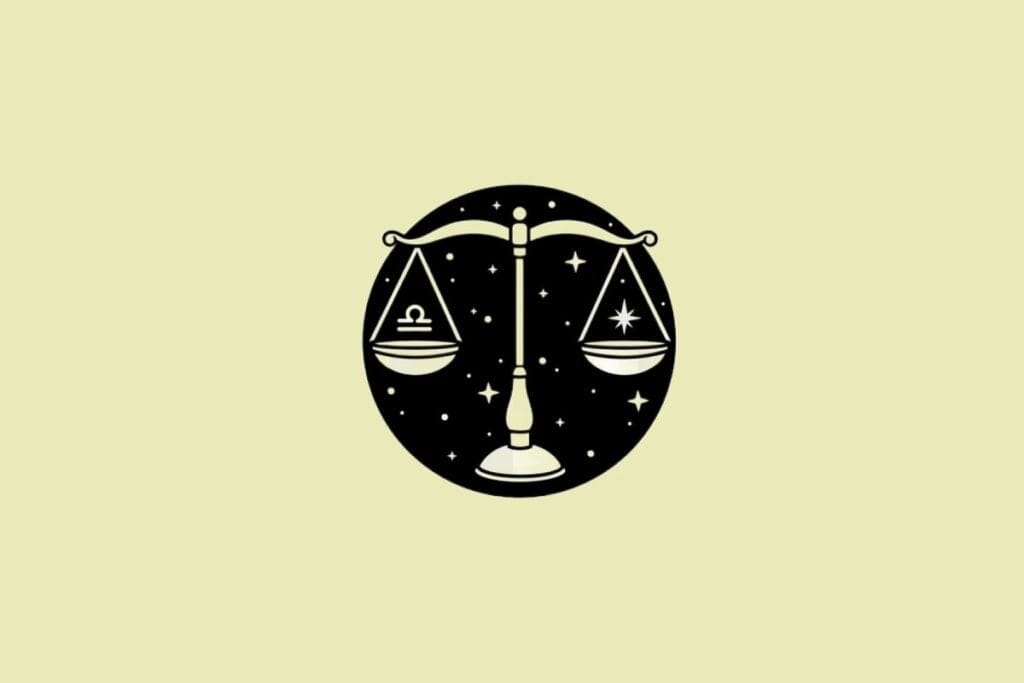 Ilustração preta do signo de libra em fundo amarelo