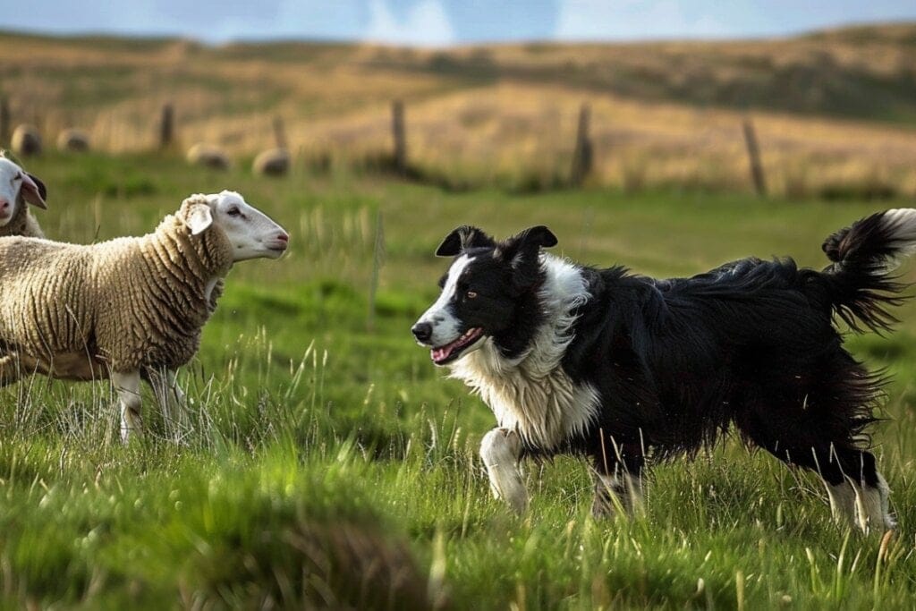 Cachorro border collie pastoreando ovelhas