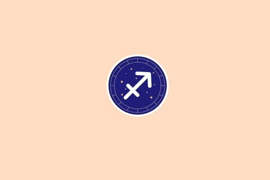 Ilustração do signo de sagitário em um círculo azul em cima de um fundo bege