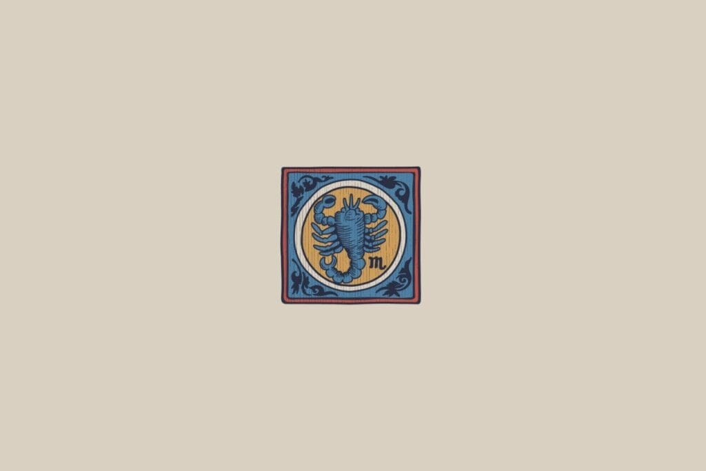 Ilustração do signo de Escorpião em um estilo medieval, representando um escorpião azul sobre um fundo dourado, com detalhes decorativos azuis