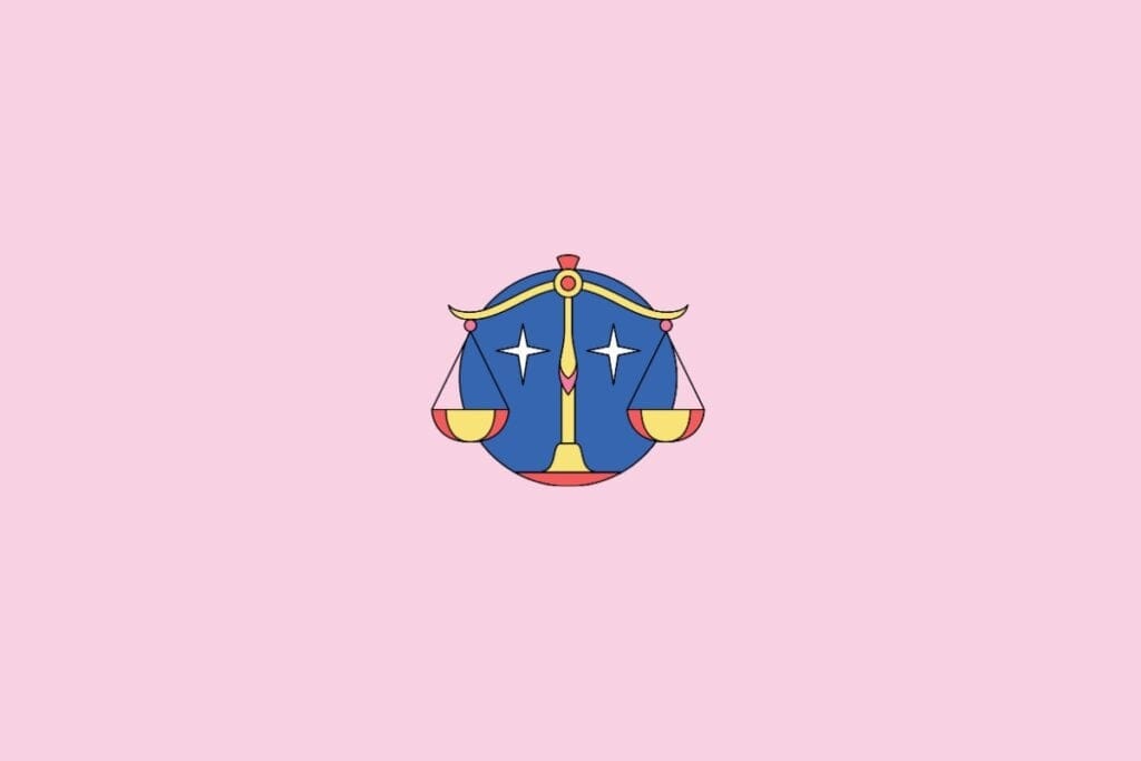 Balança estilizada em amarelo e vermelho, com estrelas brancas ao fundo, representando Libra, sobre fundo rosa
