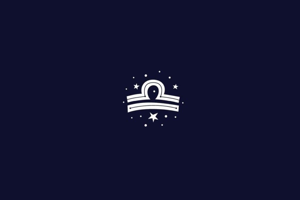 Símbolo do signo de Libra em branco, representando uma balança estilizada, rodeada por estrelas pequenas em um fundo azul-escuro
