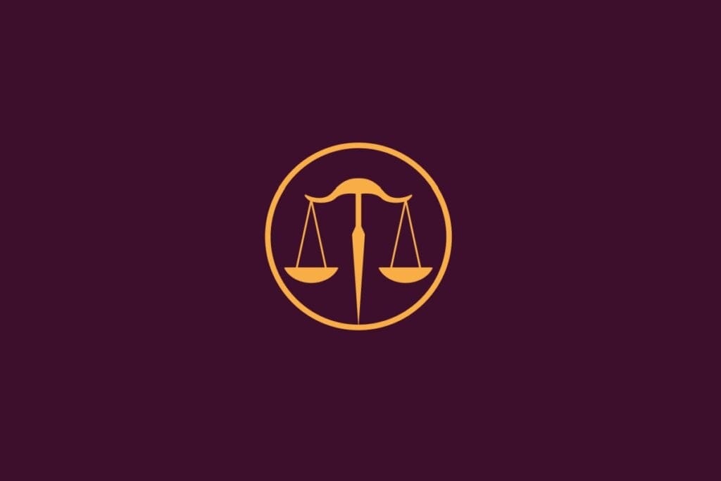 Ilustração em amarelo com fundo roxo do signo de Libra