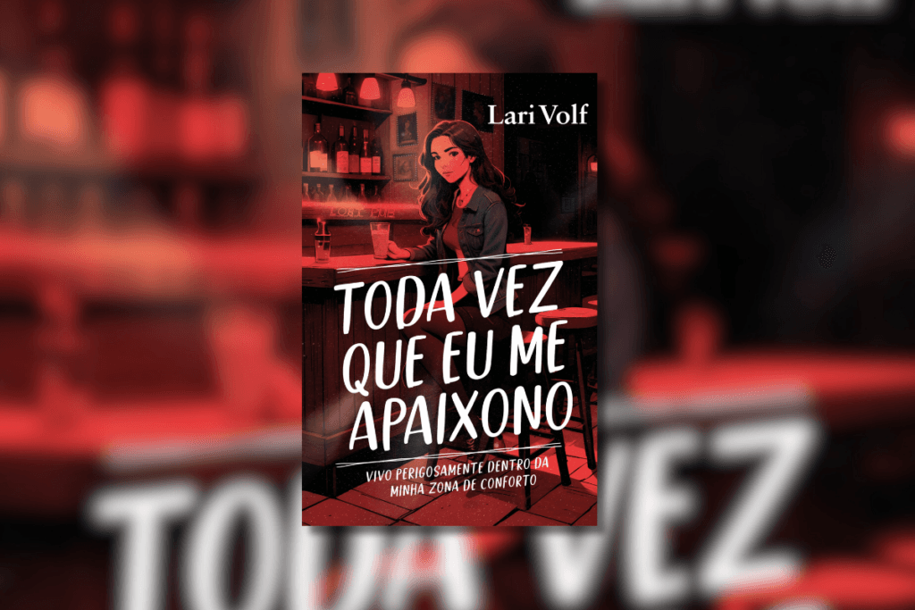 Capa de livro em tons de preto e vermelho com ilustração de uma mulher em um bar