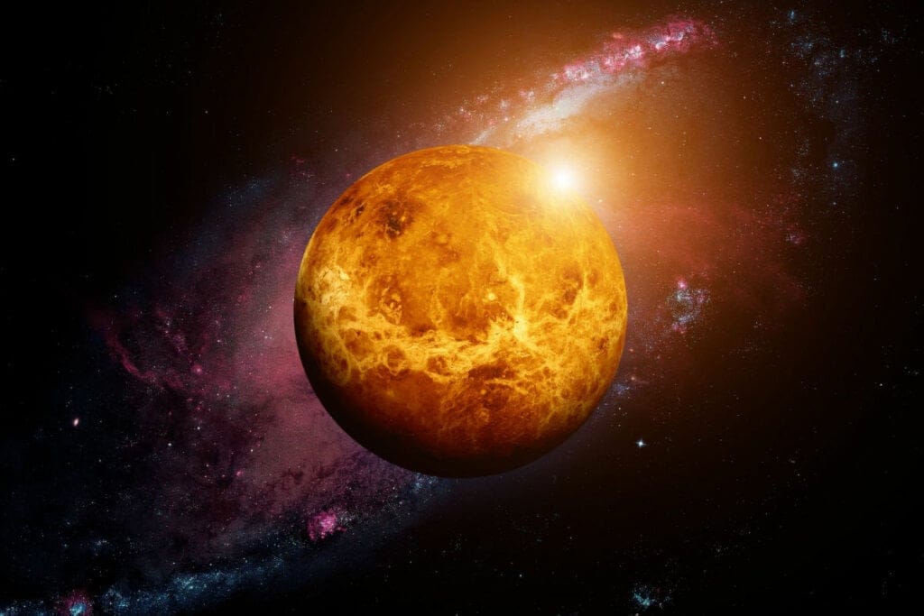 Ilustração do planeta Vênus em fundo escuro com estrelas e luzes
