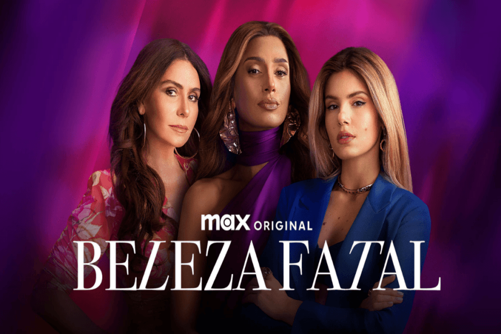Imagem de três mulheres uma ao lado da outra e embaixo está escrito o nome da série em fundo roxo e rosa