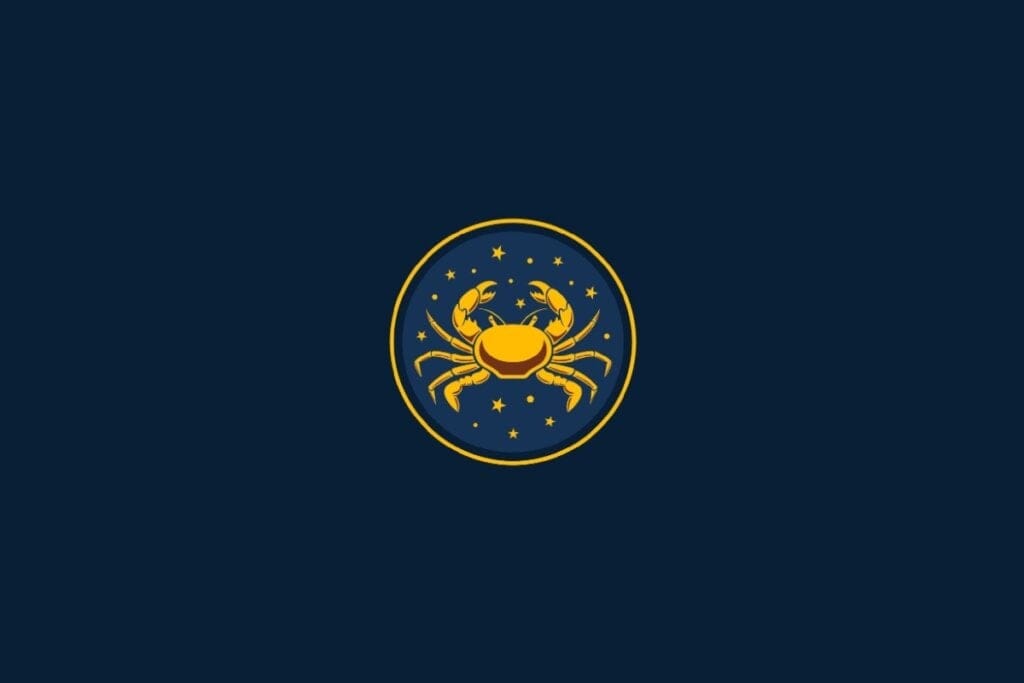 Ilustração do signo de Câncer em um fundo azul com caranguejo e estrelas