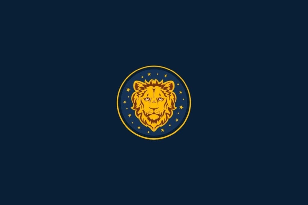 Ilustração do signo de Leão em um fundo azul com cabeça de um leão e estrelas