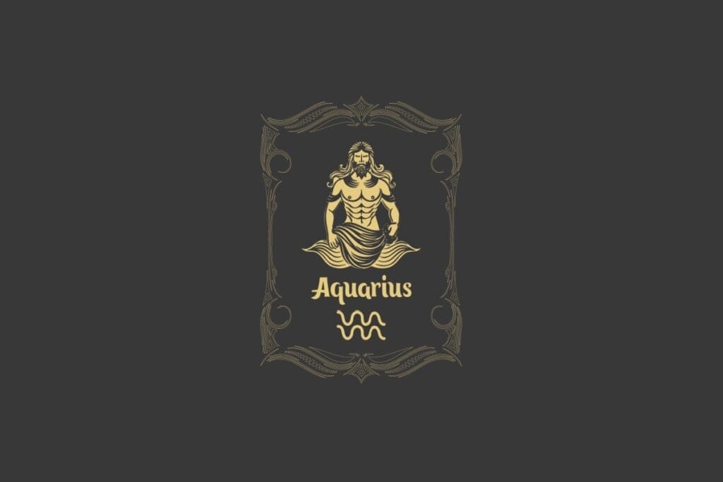 Ilustração do signo de Aquário com a imagem de um homem dourado despejando água, cercado por uma moldura clássica em fundo escuro