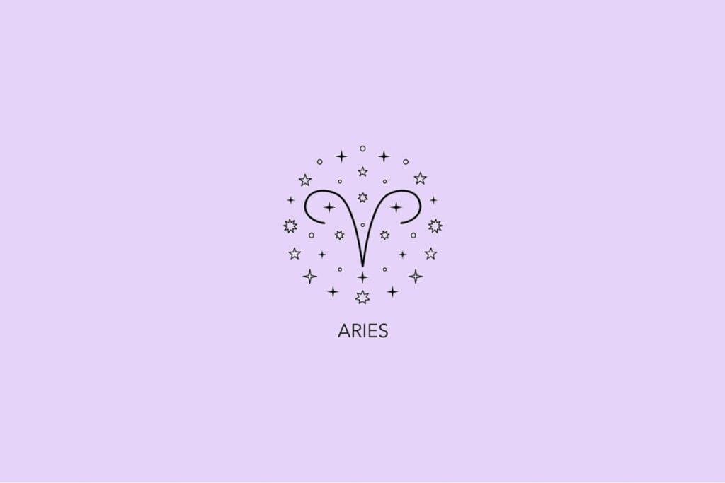Imagem com fundo lilás apresentando o símbolo astrológico do signo de Áries rodeado por pequenas estrelas