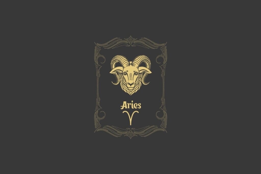 Ilustração do signo de Áries com a imagem de um carneiro dourado em um fundo escuro, emoldurado por ornamentos clássicos