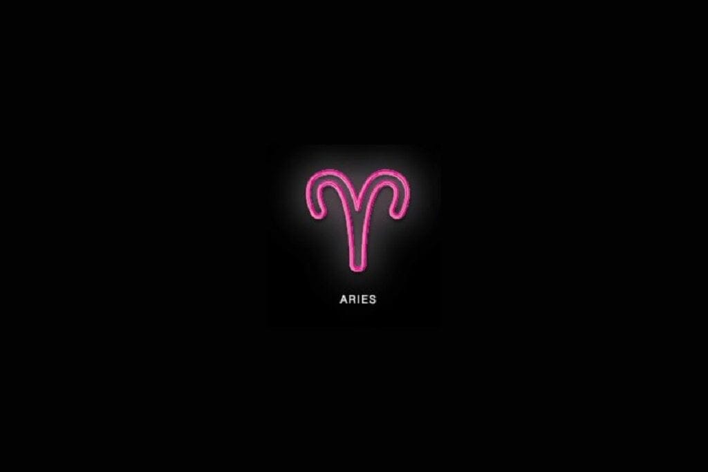 Ilustração rosa do símbolo do signo de Áries com nome branco embaixo