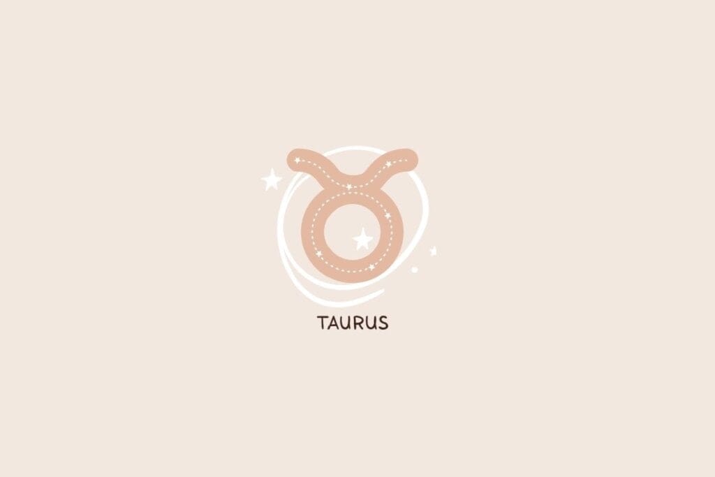 Ícone do signo de Touro em tom bege, representando um círculo com duas hastes superiores, traços pontilhados e detalhes de estrelas sobre um fundo claro
