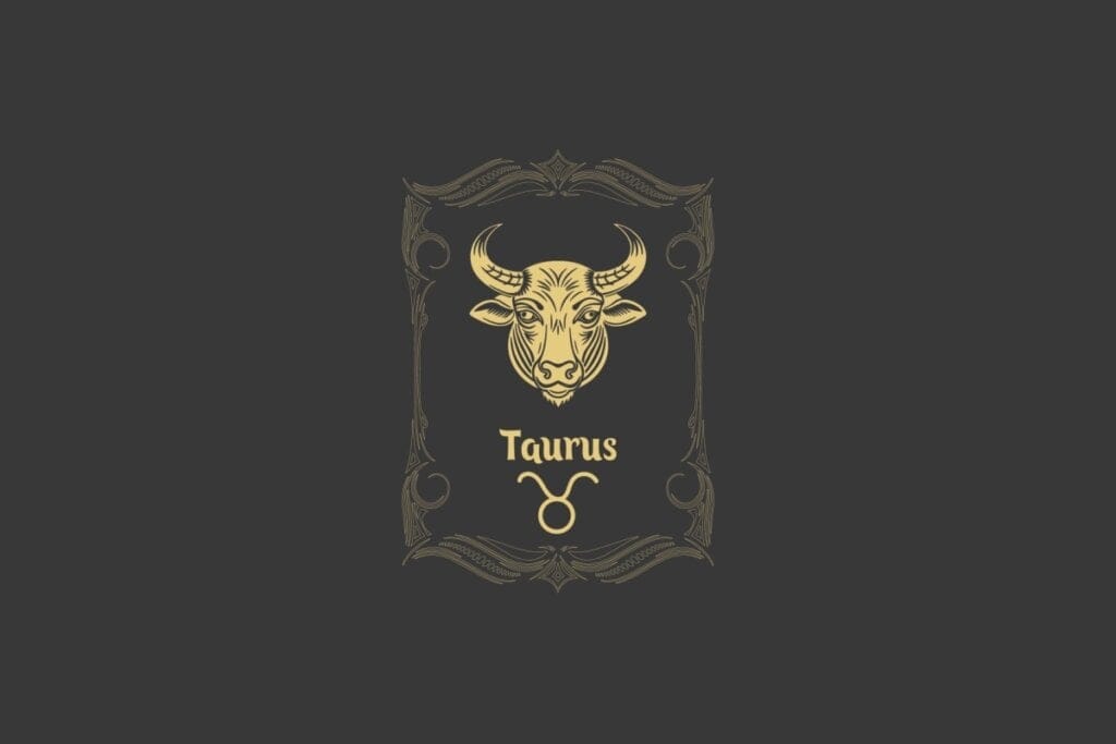 Ilustração do signo de Touro com a representação de um touro dourado, cercado por uma moldura decorativa em fundo escuro