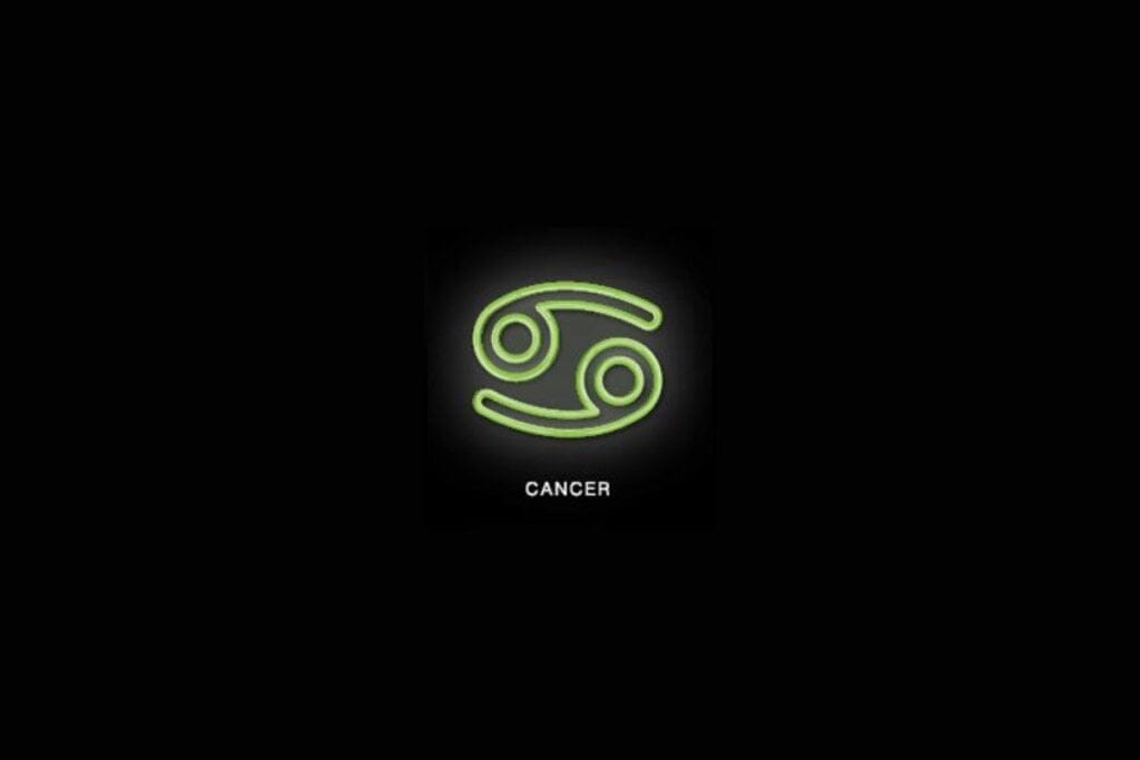 Ilustração verde do símbolo do signo de câncer com nome branco embaixo