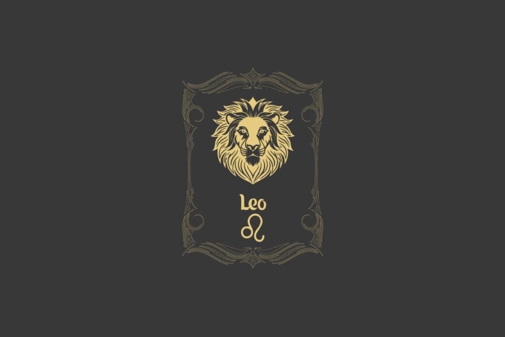 Ilustração do signo de Leão com a cabeça de um leão dourado, emoldurada por elementos decorativos