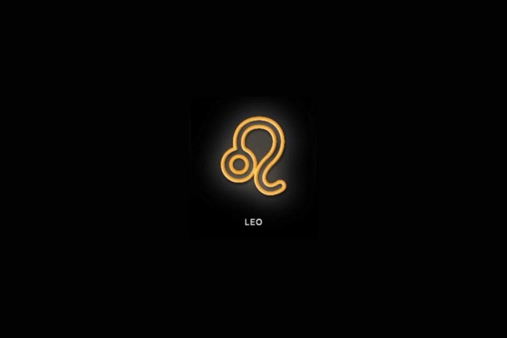 Ilustração laranja do símbolo do signo de leão com nome branco embaixo