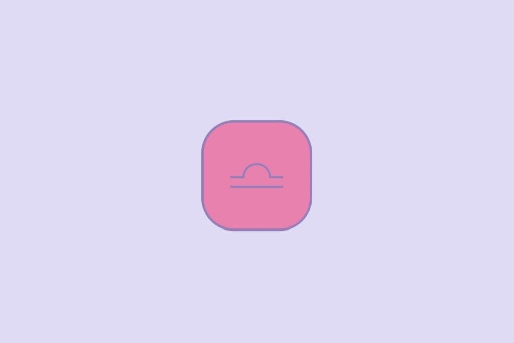 Ícone representando o signo de Libra em fundo rosa, com símbolo lilás composto por uma linha reta abaixo de um arco