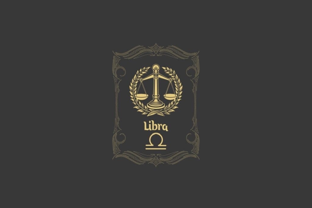 Ilustração do signo de Libra com uma balança dourada no centro de uma moldura decorativa