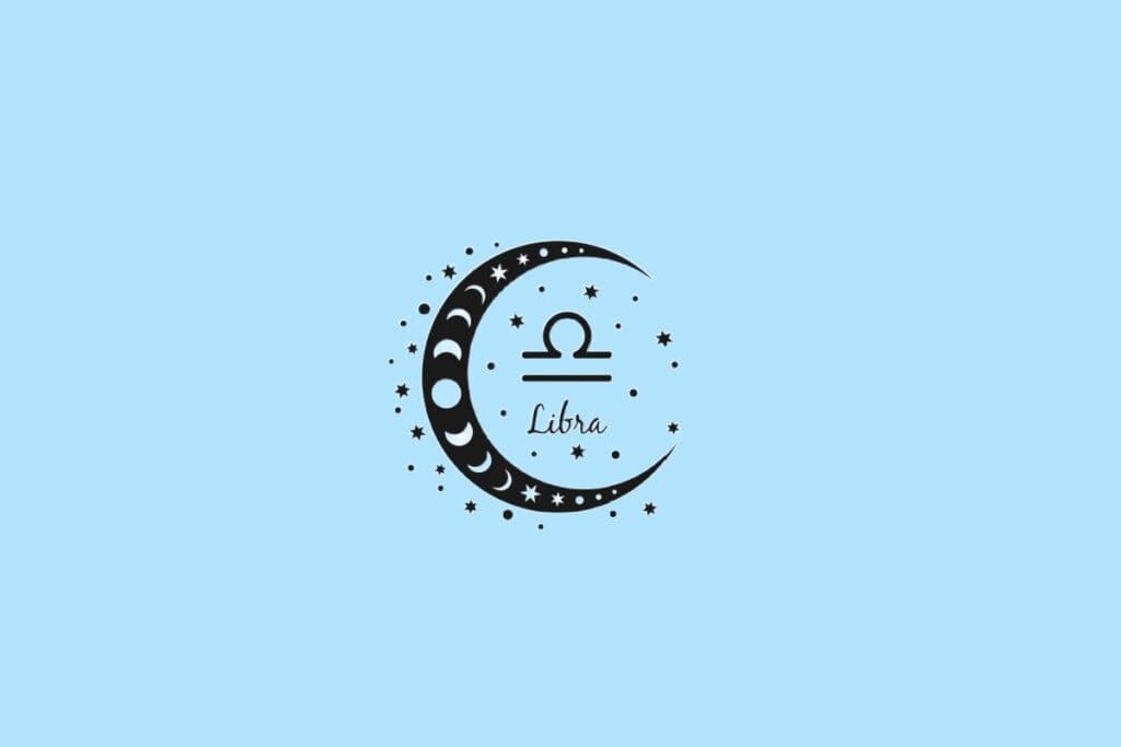 Representação de Libra com uma linha horizontal e um arco acima, inserida no centro de uma lua com detalhes das fases lunares, sobre fundo azul