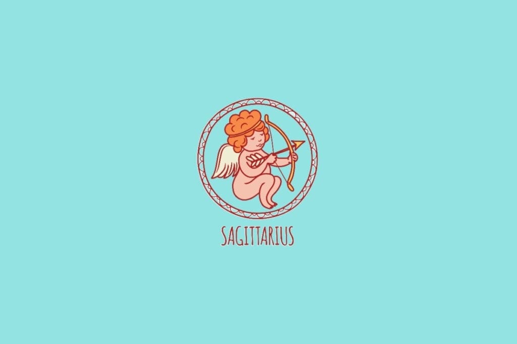 Ilustração do símbolo de Sagitário, representado por um pequeno anjo arqueiro segurando um arco e flecha, dentro de um círculo decorativo em um fundo azul-claro