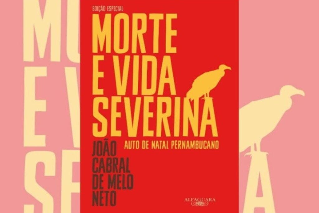 capa vermelha do livro "Morte e vida severina" com escritos em vermelho e preto