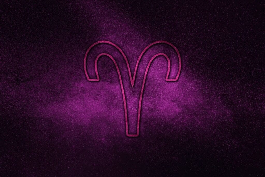 Ilustração roxa do símbolo de áries com fundo roxo brilhante