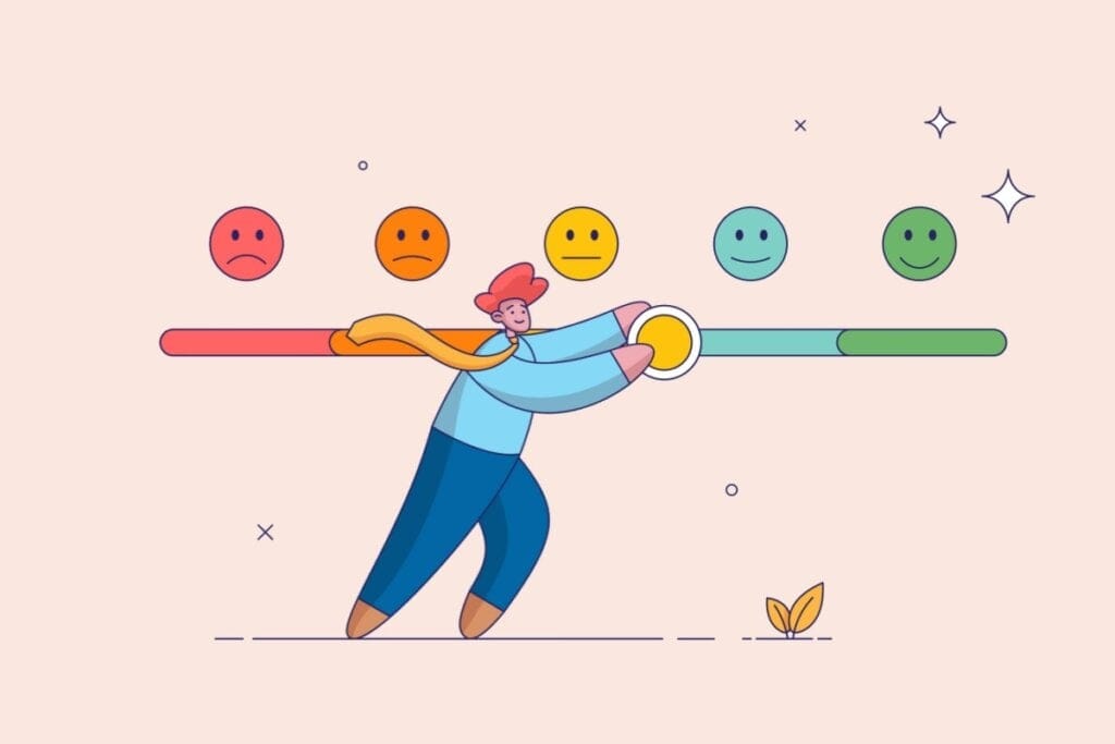 Ilustração de um homem carregando uma barra de avaliação com emojis indicando os bons resultados