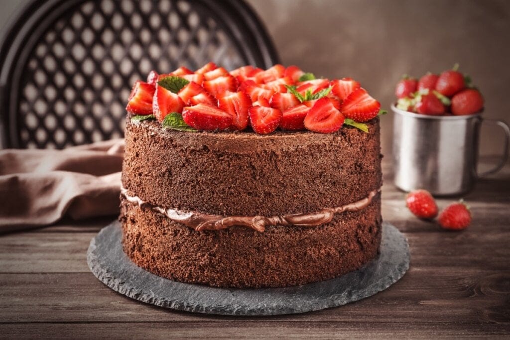 Bolo de chocolate recheado com creme de avelã e morangos, decorado com morangos frescos e folhas de hortelã sobre uma mesa