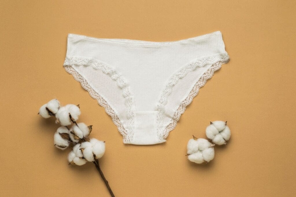 Calcinha branca de algodão em fundo laranja com ramo de algodão ao lado