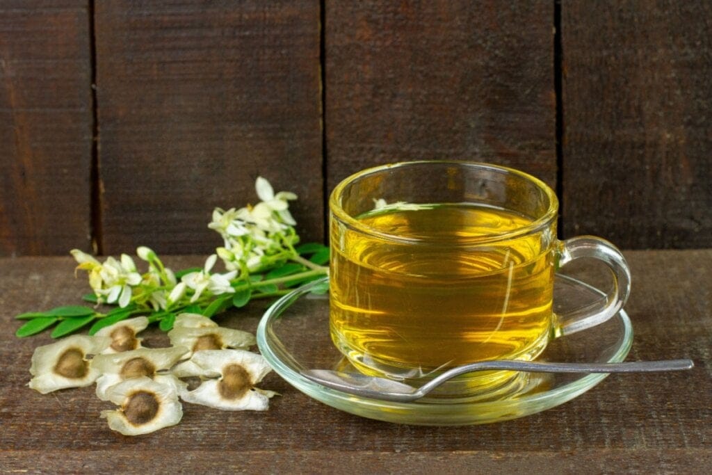 Chá da planta moringa servido em xícara de vidro em cima de mesa de madeira com folhas, flores e sementes da planta ao redor
