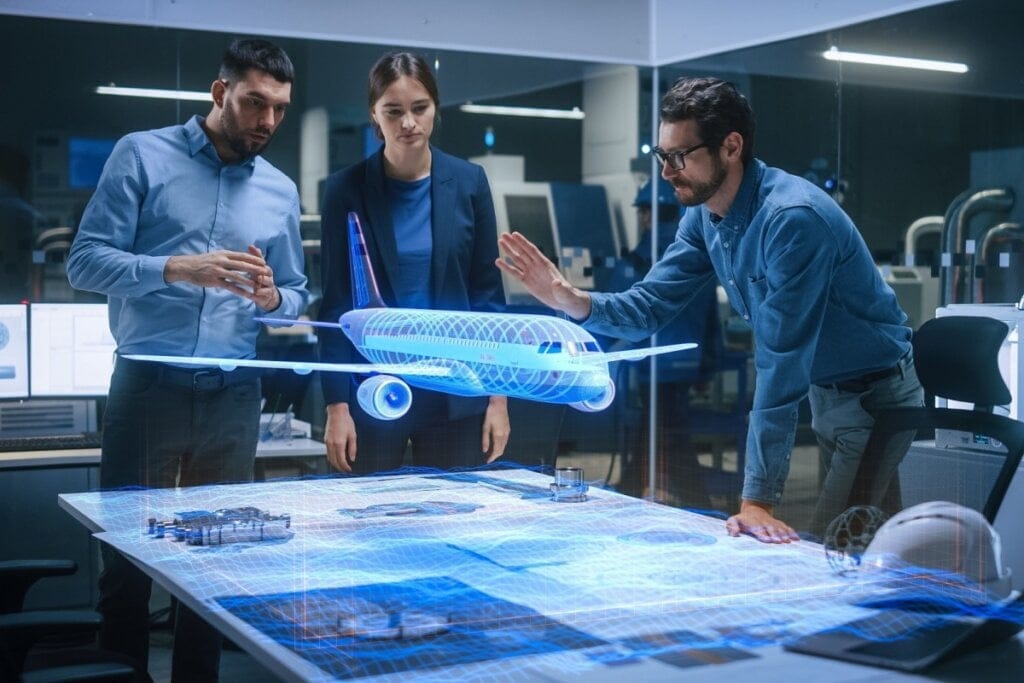 Dois homens e uma mulher com roupas sociais verificando a projeção de um avião 