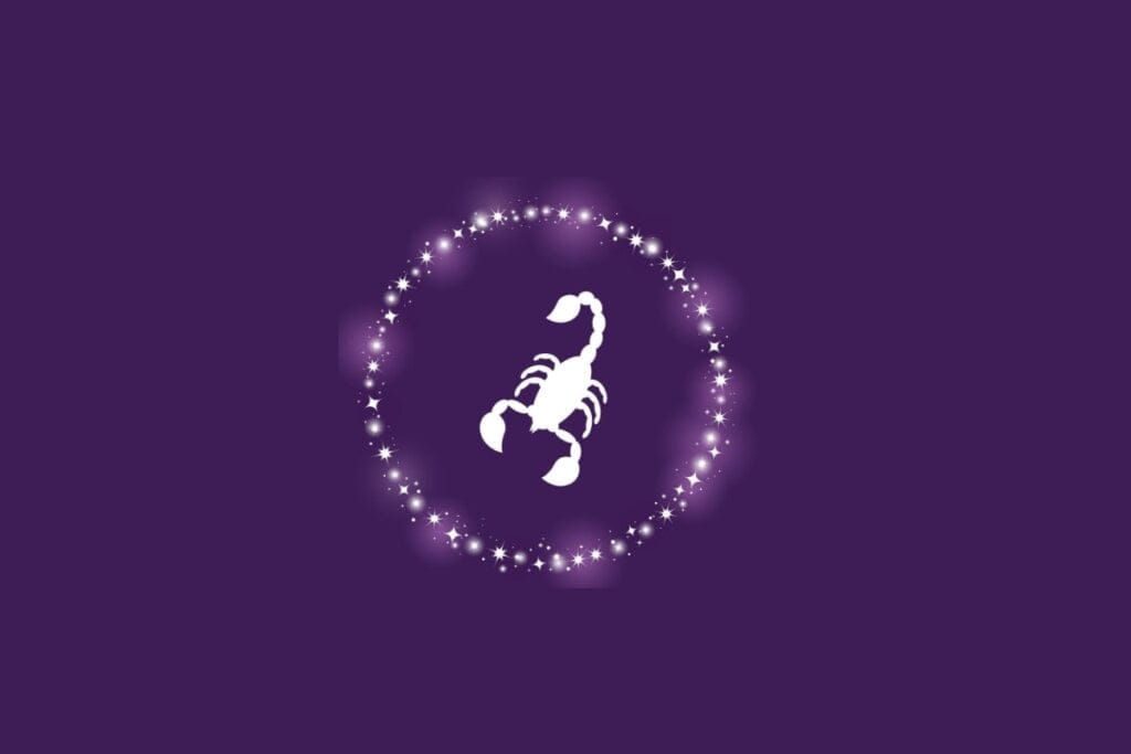 Ilustração do símbolo do signo de Escorpião em branco, cercado por um círculo de pontos brilhantes sobre fundo roxo